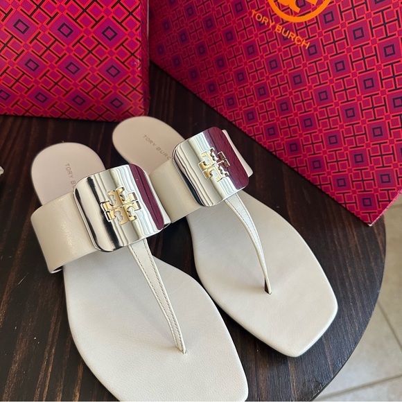 Tory Burch Women's Georgia Slip On Thong SandalsWhite Sandals with Gold Accent